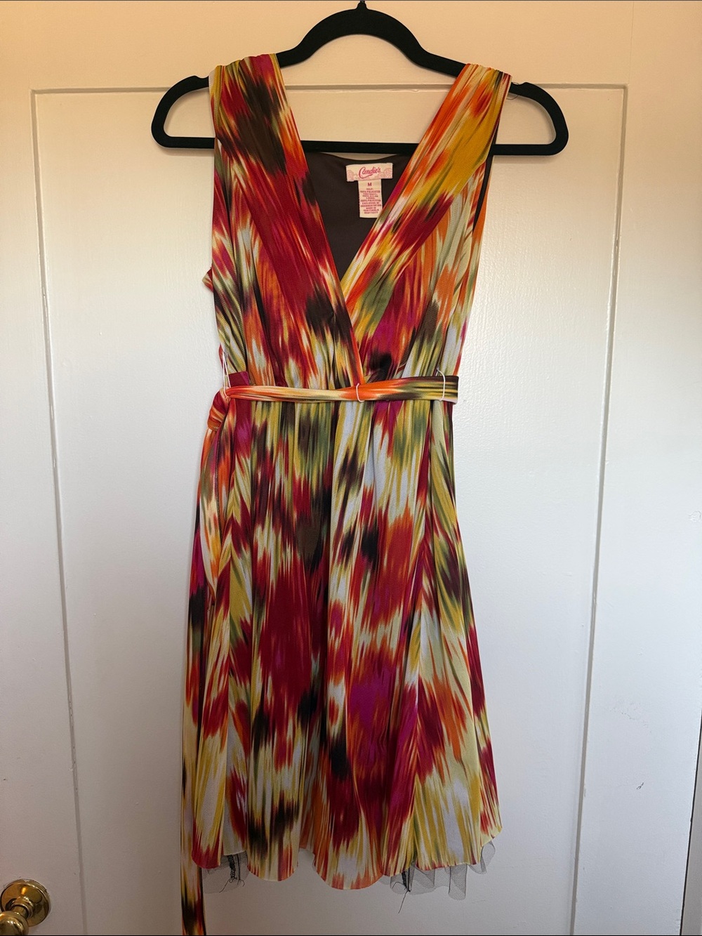 Candie's Vibrant Abstract Wrap Like Dress in Red, Yellow & Green Y2K